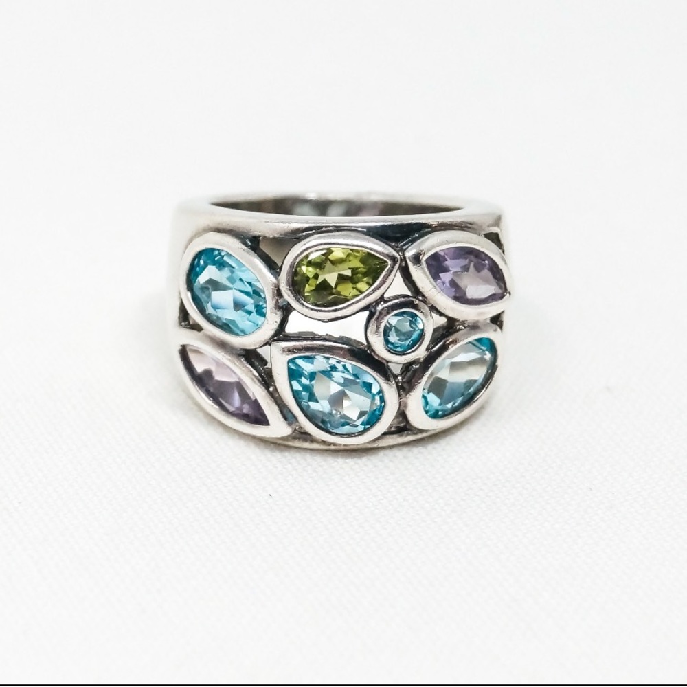 925 Silver Topaz Peridot & Amethyst Ring Size 5.5